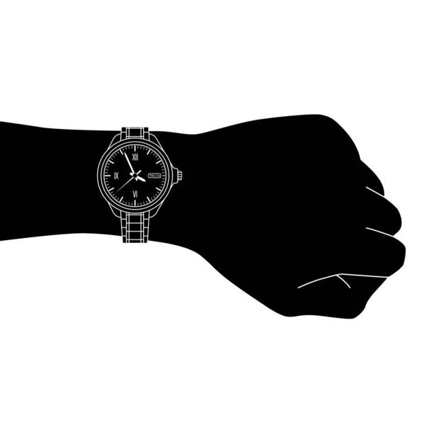 Black silhouette classical stylish man wristwatch on hand. Vector flat illustration on white background