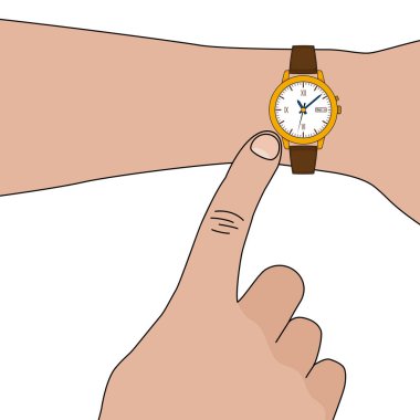 Sarı altın rengi saat, elinde deri kayış.