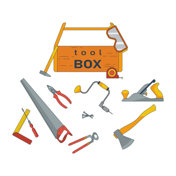 Wooden Tool Box Carpentry Tools Work Carpenter Vector Illustration Flat — Stock Vector