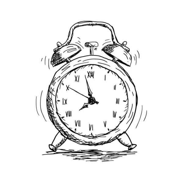 Sketch Hand Drawn Vintage Alarm Clock Doodle Style — Stock Vector