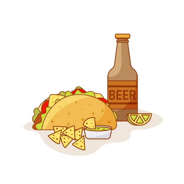 Karikatür Meksika fast food kombinasyon menüsü. Taco, bira, limon, nachos ve guacamole
