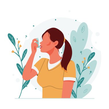 Woman uses an asthma inhaler against an allergic attack. World asthma day. Allergy, asthmatic. Inhalation medicine. Bronchial asthma. Vector flat concept illustration clipart