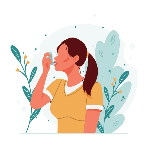 Kobieta Używa Inhalatora Przeciw Atakowi Alergicznemu Światowy Dzień Astmy Alergia — Wektor stockowy