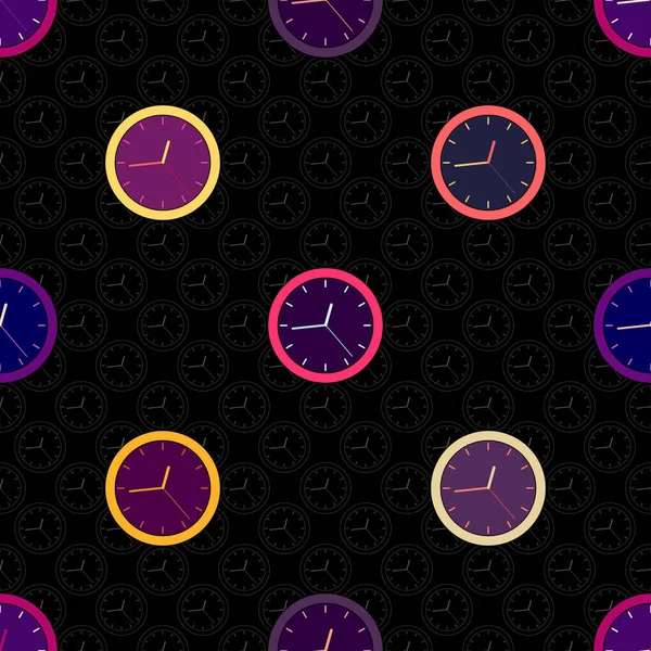 明るい多色紫色のシンプルな壁時計のシームレスなパターンフラットスタイルで黒の背景に — ストックベクタ