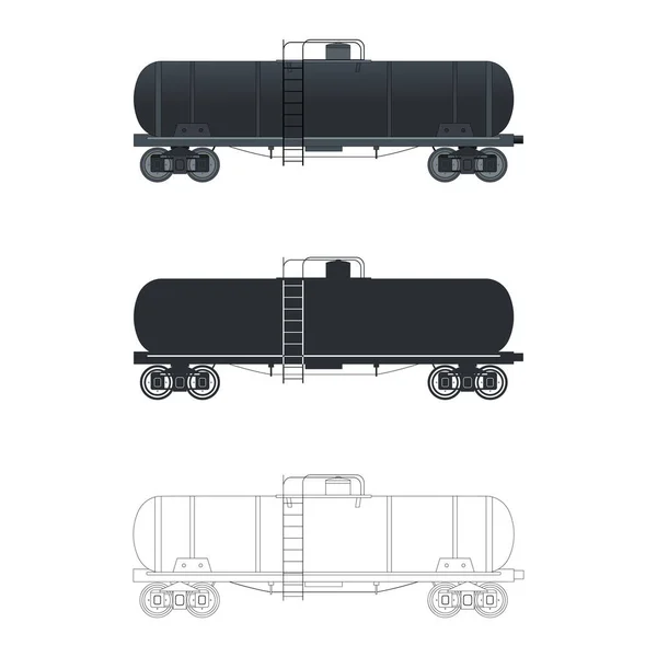 ヴィンテージワゴンのシスタータンク列車を設定します カラー シルエット アウトラインの3種類のオプション — ストックベクタ