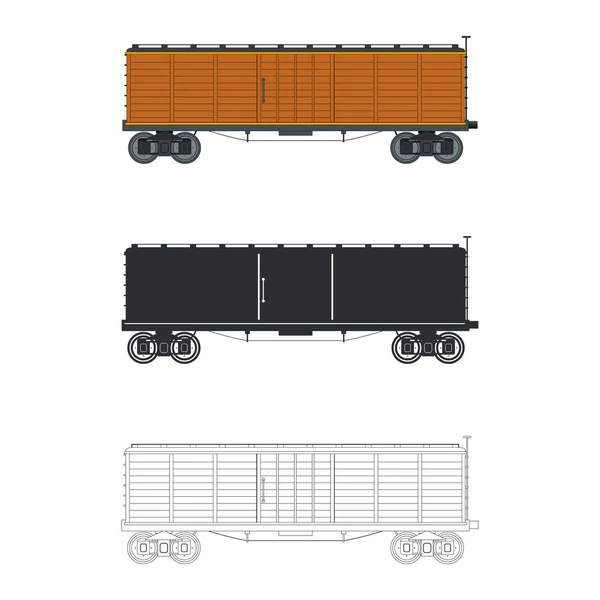 ヴィンテージワゴンコンテナ列車 カラー シルエット アウトラインの3種類のオプション — ストックベクタ