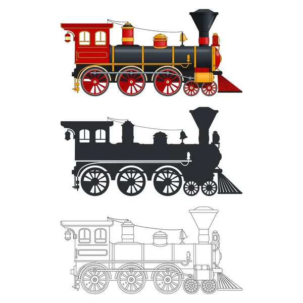 レトロスタイルのヴィンテージ蒸気機関車 カラー シルエット アウトラインの3種類のオプション — ストックベクタ