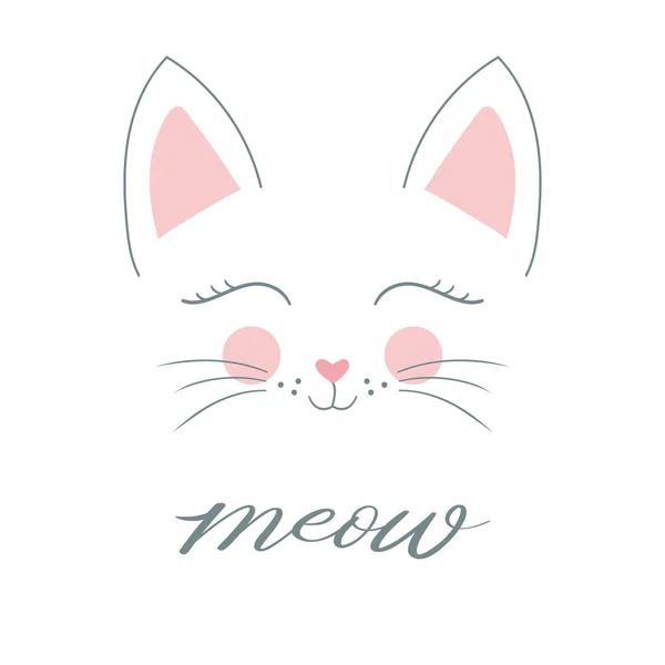 Slogan Meow com gato bonito branco —  Vetores de Stock