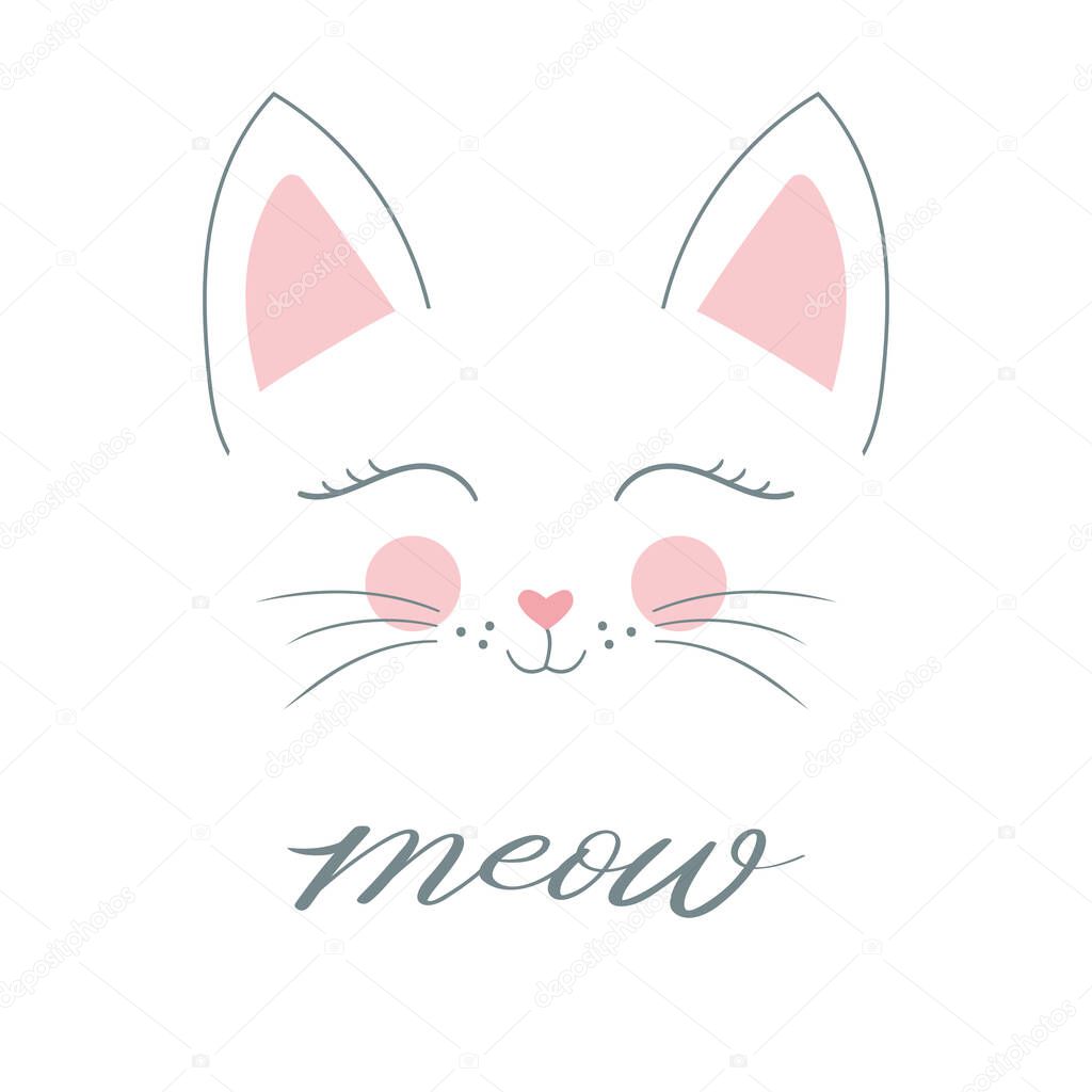 Meow slogan with white cute cat
