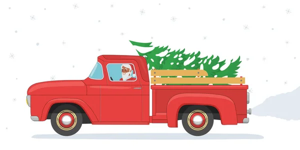 Noel Baba ladin ile kırmızı retro pikap sürüyor.