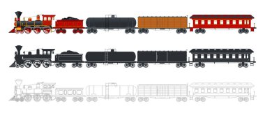 Vintage train in retro style. Three different options: colorful, silhouette, outline clipart