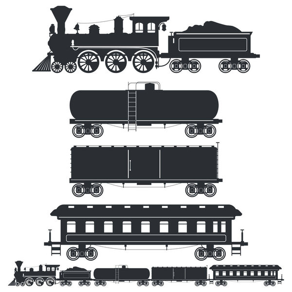 Set of silhouettes vintage train in retro style. Cistern car, container and passenger waggons