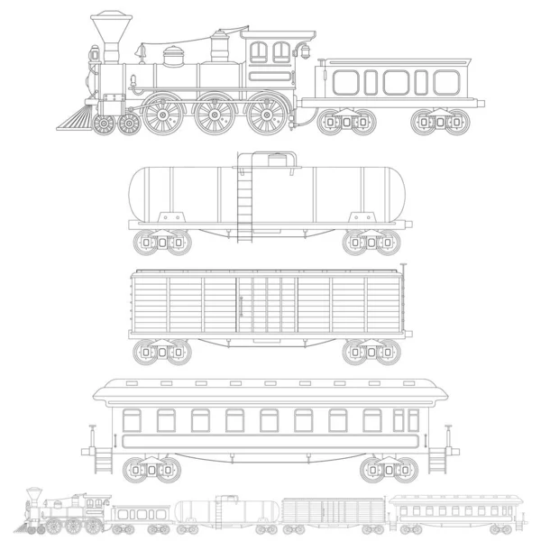 Sada Siluet Vintage Vlak Retro Stylu Cisternové Vozy Kontejnery Osobní — Stockový vektor