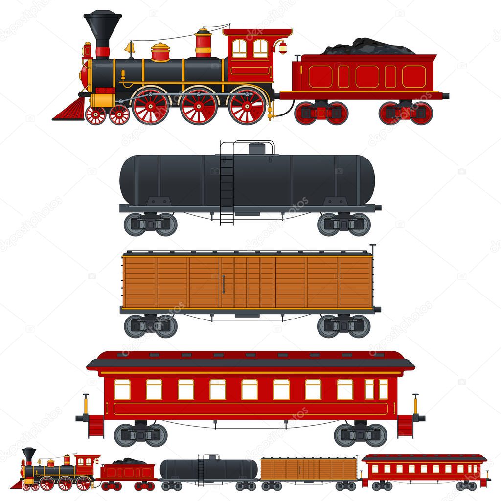 Set of silhouettes vintage train in retro style. Cistern car, container and passenger waggons