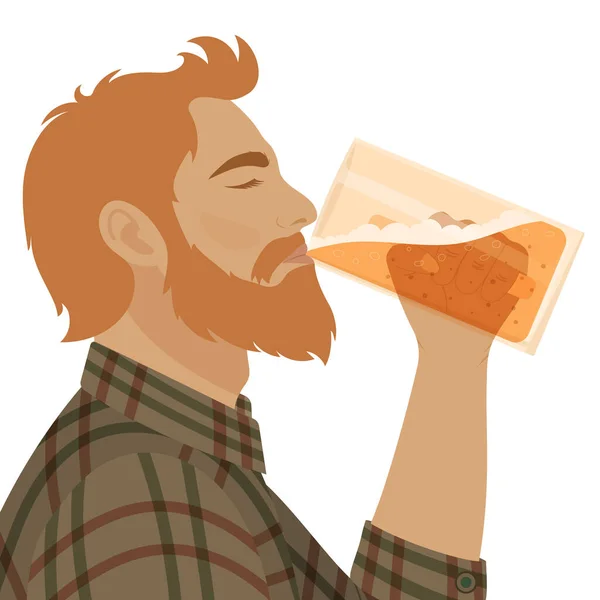 Бородач пьет пиво из кружки. — стоковый вектор