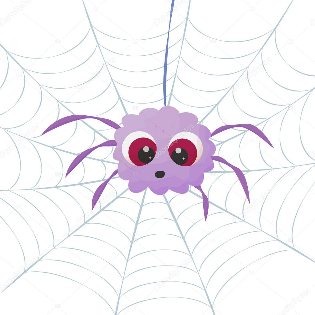 Cute purple spider on cobweb. Traditional halloween symbol. Cartoon vector illustration