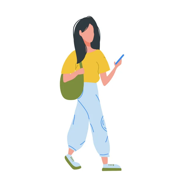 Młoda dziewczyna idzie ze smartfonem i torbą na zakupy — Wektor stockowy