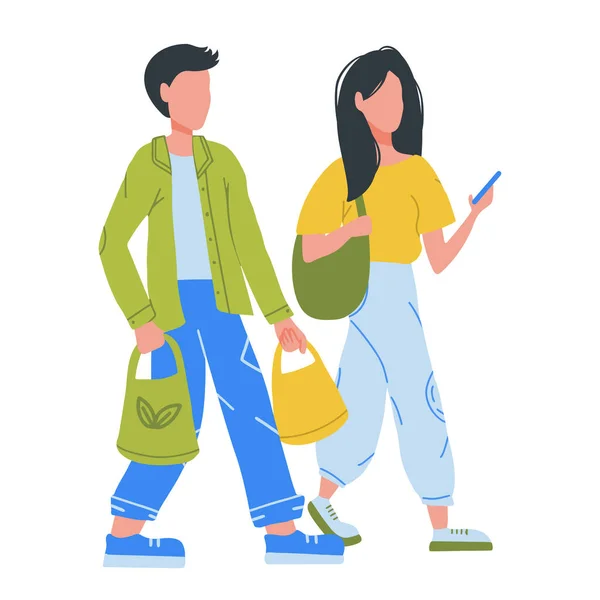 Genç adam ve kadın alışveriş torbalarıyla gider. — Stok Vektör
