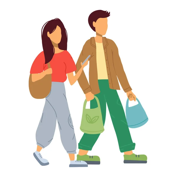 Jeune homme et femme va avec des sacs à provisions — Image vectorielle