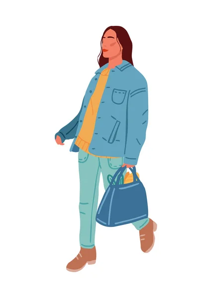 Modern kadın alışveriş çantasıyla gider. — Stok Vektör