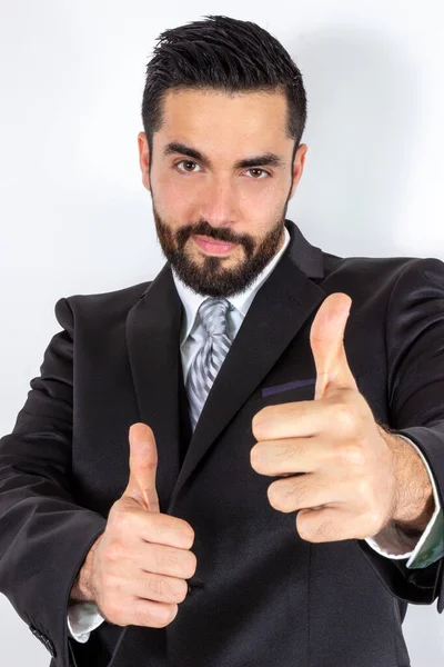 Hombre Negocios Guapo Traje Dando Pulgares Hacia Arriba Con Expresión — Foto de Stock