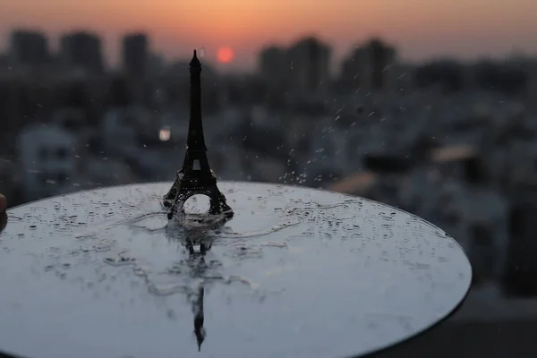 Eiffeltoren Parijs Bij Zonsopgang Zonsondergang Kleine Eiffeltoren Met Zon — Stockfoto