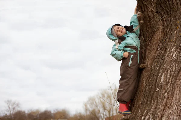 Tulumlu ve çizmeli küçük çocuk ağaca tırmanıyor ve gülümsüyor. kopyalama alanı ile.