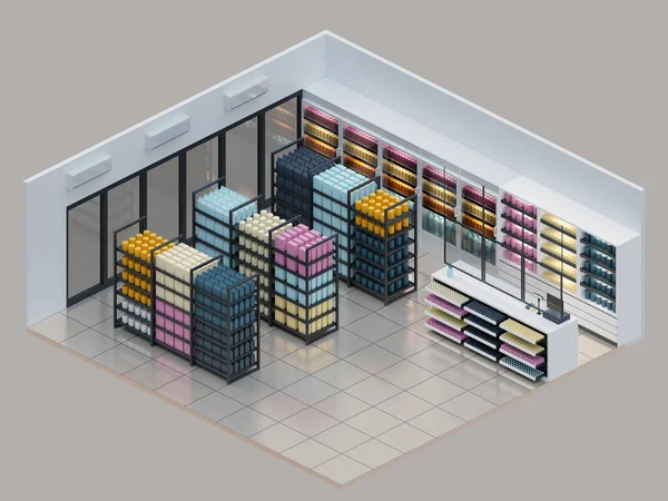 Isometric 3D rendering of a mini market, convenient store, shop. With transparent protection layer on cashier.