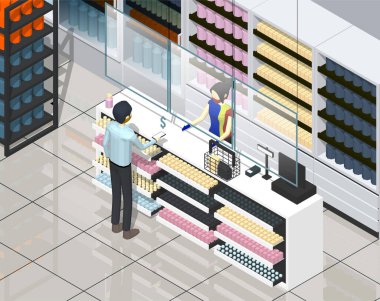 Yeni normal pazarın Isometric vektör illüstrasyonu. Satış elemanı koruma katmanının arkasında maske ve eldiven takıyor. Müşteri ödemesini elektronik parayla yapıyor. Tezgahtaki el dezenfektanını kullanabilirsiniz..
