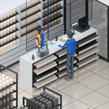 3 boyutlu bir satış elemanı maske takıyor ve eldiven takıyor şeffaf katman ayırıcının arkasında müşteriye hizmet ediyor. Müşteri elektronik parasını kullanarak ödeme yapar. Bu bugün yeni bir normal fiziksel uzaklık..