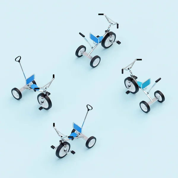 Isometric vechicle 3D Rendering of a three wheel kid bike. In four different angle. In chrome, black, white and blue colour.