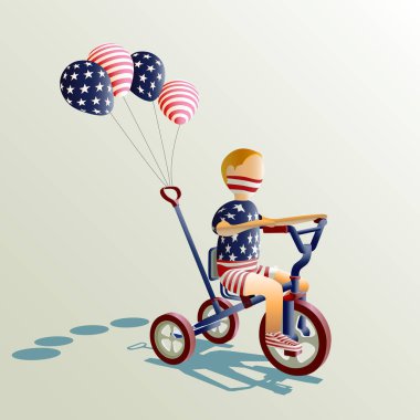 4 Temmuz Bağımsızlık Günü kutlamalarında koruyucu maske takan bir çocuğun vektör çizimi. Üç tekerlekli bisiklete binerek, dört balonla.. 
