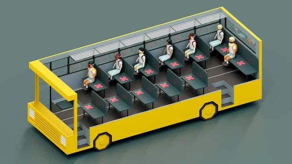 Isometrische Rendering Nieuwe Normale Fysieke Afstand Schoolbus — Stockfoto