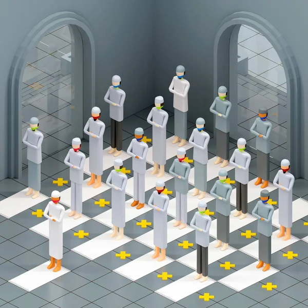 Isometric 3D rendering of physical distancing in Islamic together pray. Showing space between men by marking. Every men wearing protective face mask