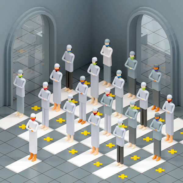Isometric 3D rendering of physical distancing in Islamic together pray. Showing space between men by marking. Every men wearing protective face mask — Stock Image Isometric Rendering Physical Distancing Islamic Together Pray Showing Space Men Stock Picture