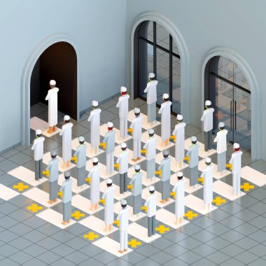 Isometric 3D yorumlama Müslüman erkekler, birlikte dua, fiziksel uzaklık. Cami zemininde, erkekler arasında boşluğa dönüşen işaretler var.. 