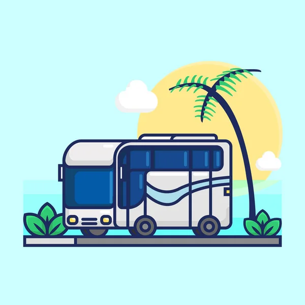 Illustration Vectorielle Bus Touristique Sur Route Bord Mer Coucher Soleil — Image vectorielle