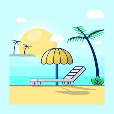 Sahildeki bankın vektör çizimi. Dünya turizm günü, seyahat, tatil ve diğer tatil temaları için uygun