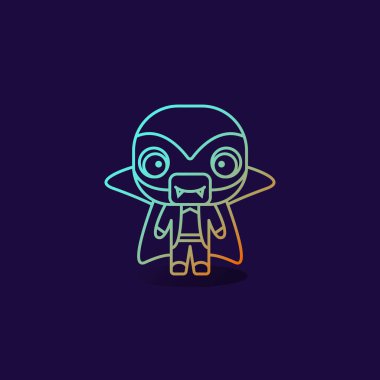 Vampir kostümü giyen ve cadılar bayramında koruyucu tıbbi maske takan çocuk taslak tarzında ikon vektör çizimi.