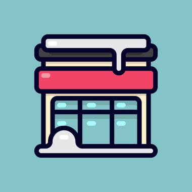 Kış mevsiminde karla kaplı bir dükkan binasının ikon vektör çizimi. Kış ve Noel için uygun