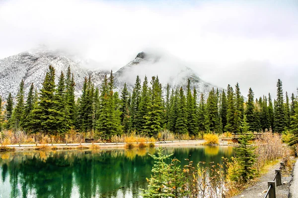 Kora Ősszel Havazik Mount Lorret Tónál Bow Valley Vadvédelmi Park — Stock Fotó