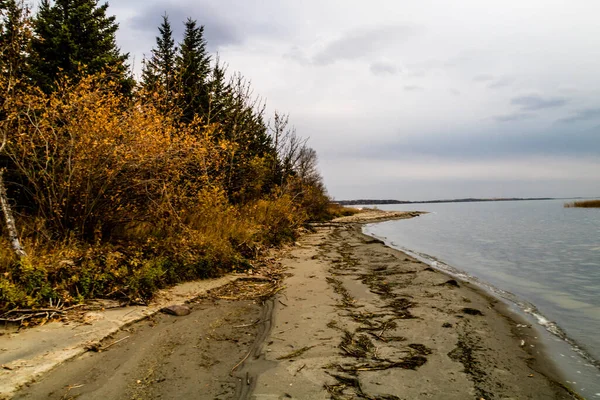 Zon Ondergaat Herfstkleuren Rond Het Meer Battleford Provincial Park Saskatchewan — Stockfoto