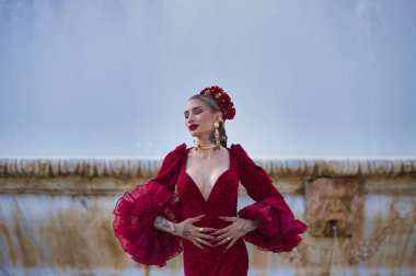 İspanya, Seville 'de bir meydanda flamenko dansı yapan güzel bir kadın. Fırfırlı kırmızı bir elbise giyiyor ve büyük bir sanatla flamenko dansı yapıyor. Flamenko, insanlığın kültürel mirası.