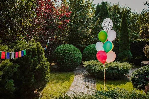 Bunch of colourful balloons in the garden. Birthday decoration. Copy space.