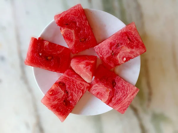 Fresh Red Watermelon Pieces White Plate — Stock Photo, Image