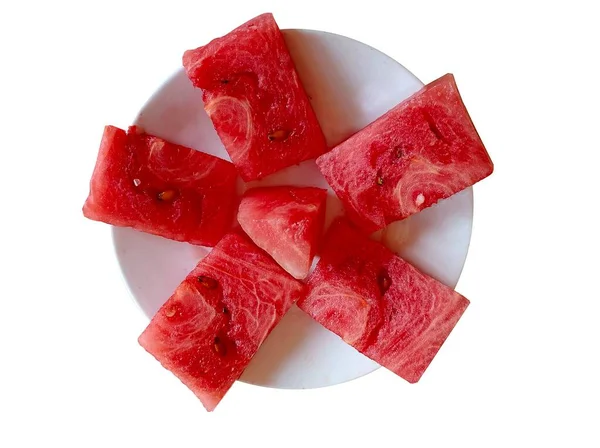 Fresh Red Watermelon Pieces Plate White Background — Stock Photo, Image