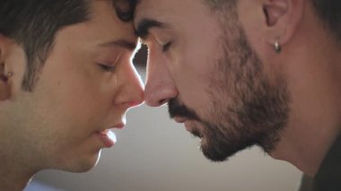 Eşcinsel erkek çift birbirlerinin gözlerinin içine bakar. LGBT
