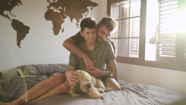 Gay Boy Couple Lying Bed Dog Lgbt — Stock Video