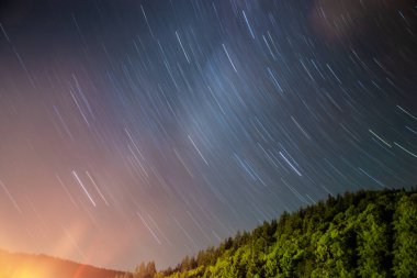 Gece boyunca hareket eden yıldızların manzarası, ormanın yakınında.