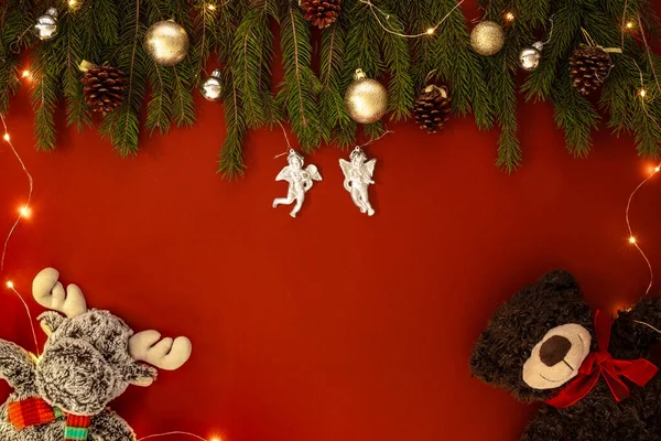 Χριστουγεννιάτικο Φόντο Κόκκινη Διακόσμηση Κάτοψη Χώρο Αντιγραφής — Φωτογραφία Αρχείου